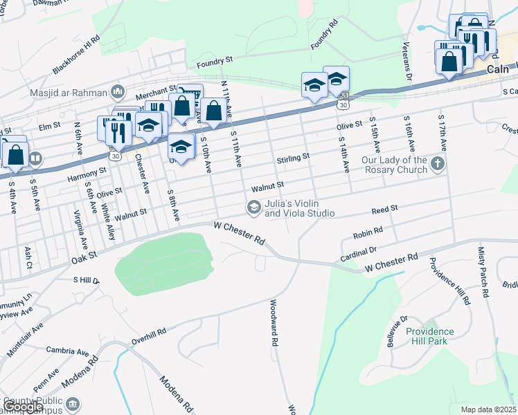 map of restaurants, bars, coffee shops, grocery stores, and more near 1109 Oak Street in Coatesville