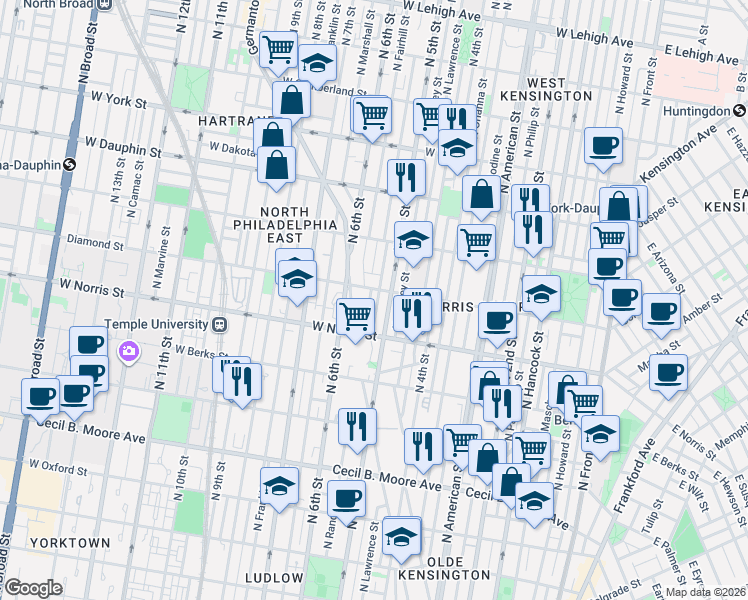 map of restaurants, bars, coffee shops, grocery stores, and more near 2043 North Randolph Street in Philadelphia
