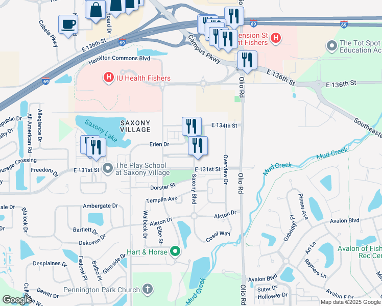 map of restaurants, bars, coffee shops, grocery stores, and more near 13208 Saxony Boulevard in Fishers