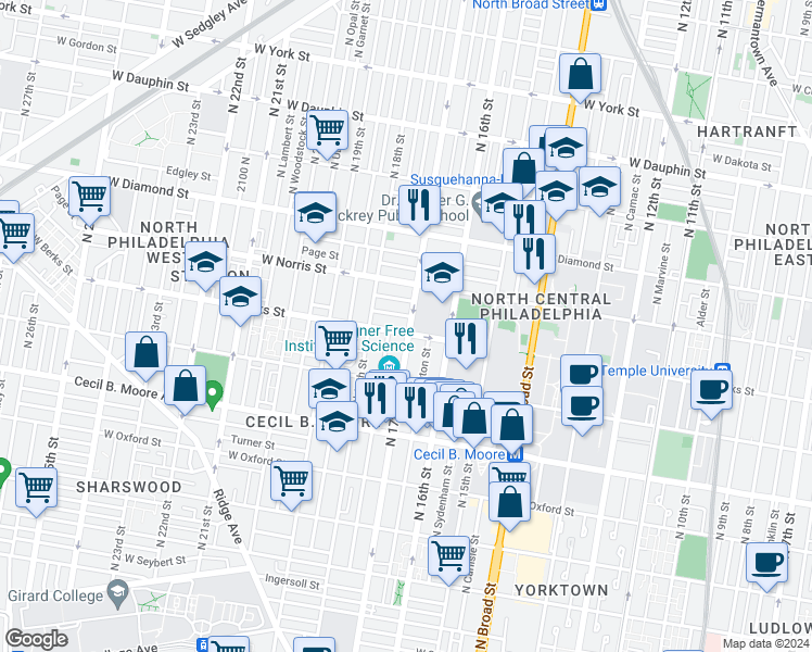 map of restaurants, bars, coffee shops, grocery stores, and more near 1906 North 17th Street in Philadelphia