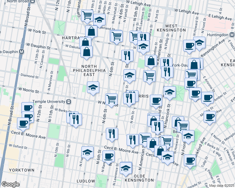 map of restaurants, bars, coffee shops, grocery stores, and more near 2048 North 5th Street in Philadelphia