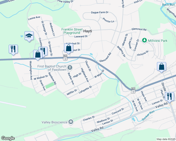 map of restaurants, bars, coffee shops, grocery stores, and more near 226 Church St in Coatesville