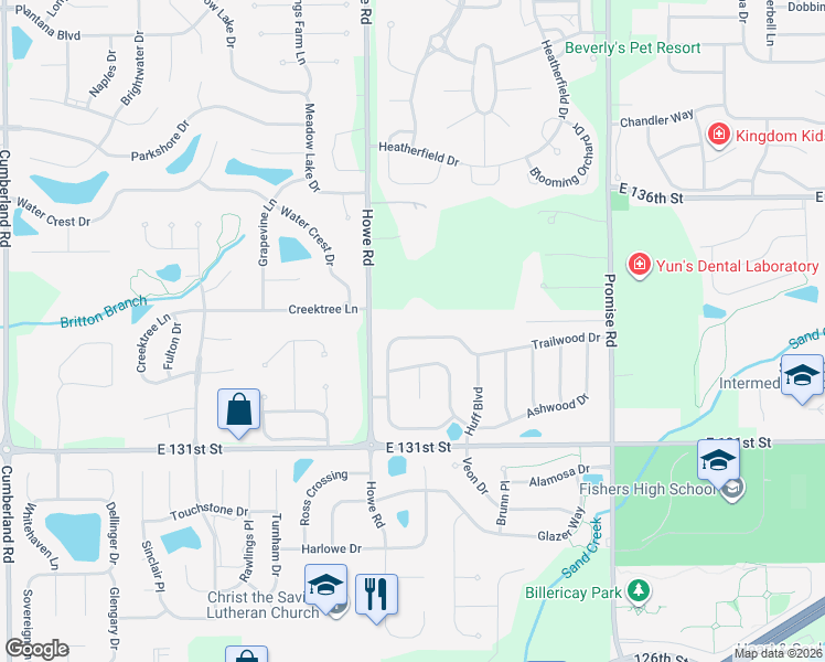 map of restaurants, bars, coffee shops, grocery stores, and more near 10666 Trailwood Drive in Fishers