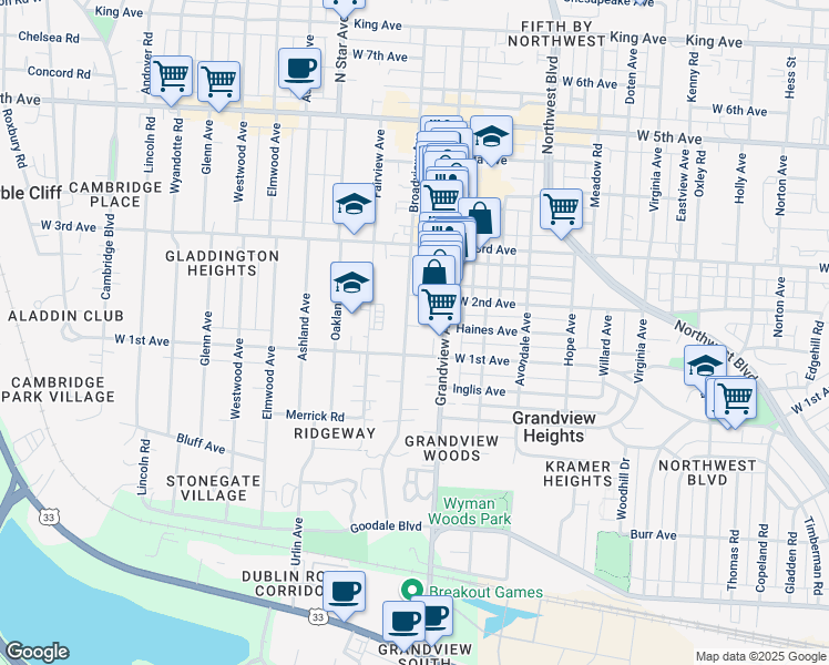 map of restaurants, bars, coffee shops, grocery stores, and more near 1226 Broadview Avenue in Columbus