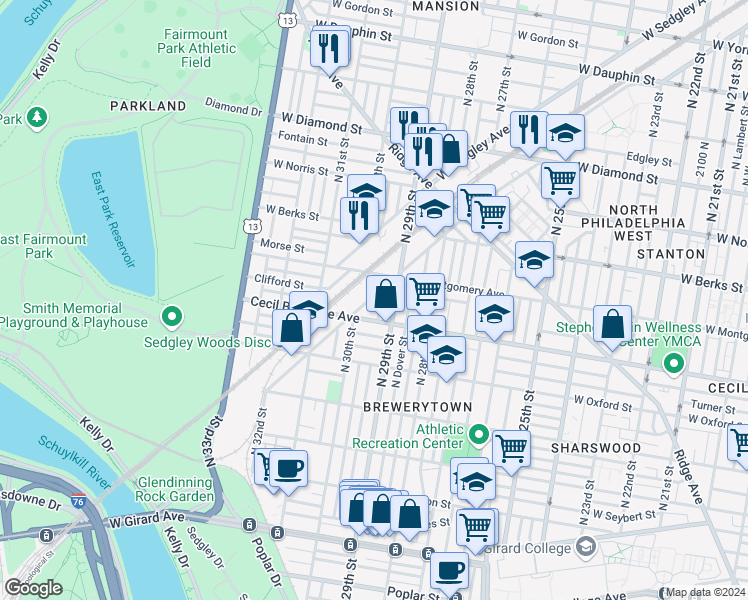 map of restaurants, bars, coffee shops, grocery stores, and more near 2926 West Glenwood Avenue in Philadelphia