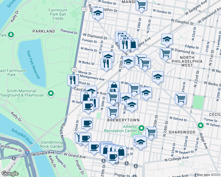 map of restaurants, bars, coffee shops, grocery stores, and more near 2926 West Glenwood Avenue in Philadelphia