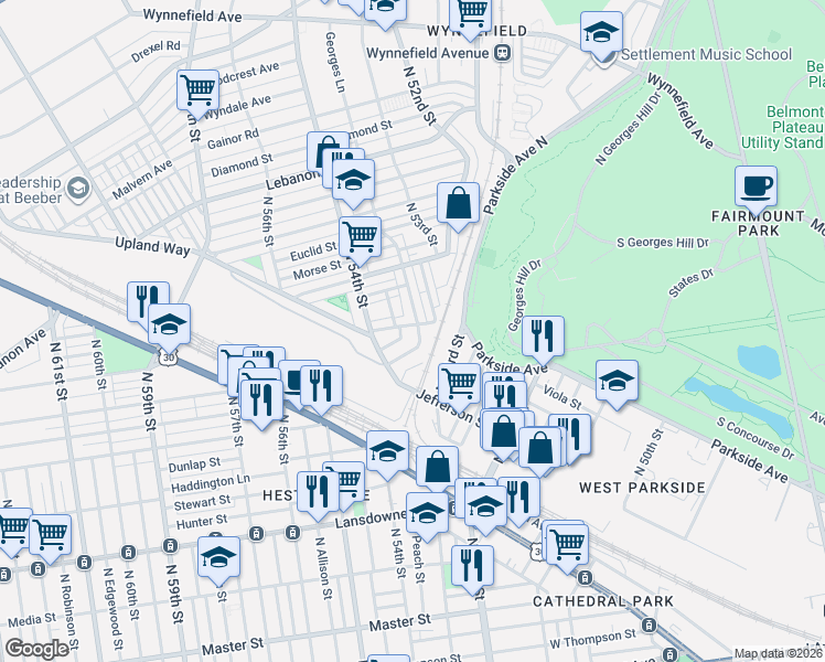 map of restaurants, bars, coffee shops, grocery stores, and more near 5328 West Columbia Avenue in Philadelphia
