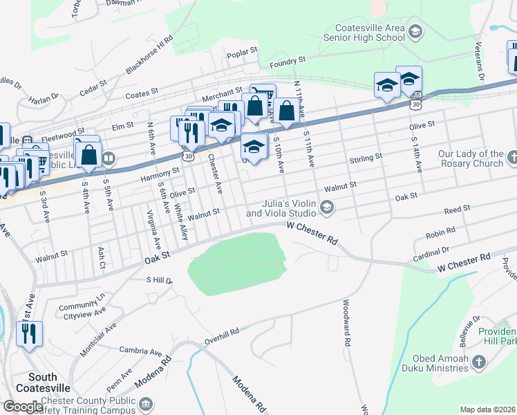 map of restaurants, bars, coffee shops, grocery stores, and more near 810 Walnut Street in Coatesville