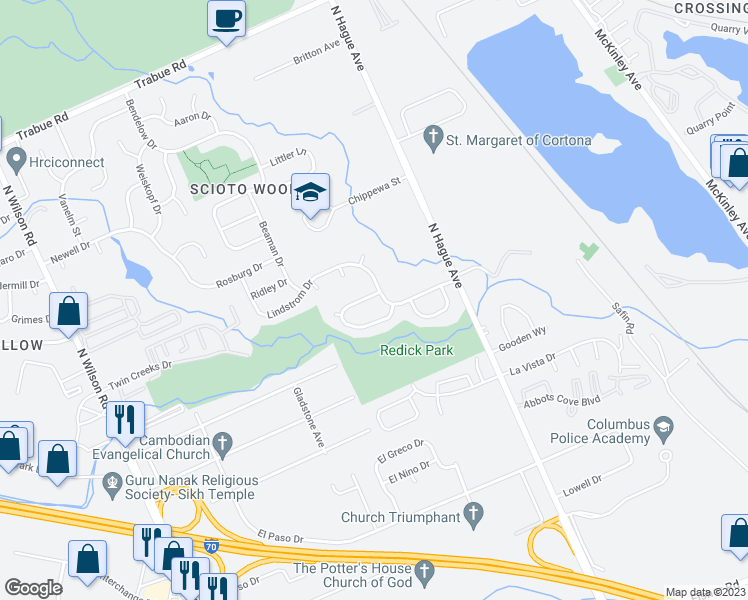 map of restaurants, bars, coffee shops, grocery stores, and more near 3261 Vasalboro Way in Columbus