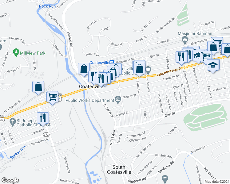 map of restaurants, bars, coffee shops, grocery stores, and more near 230 Harmony Street in Coatesville