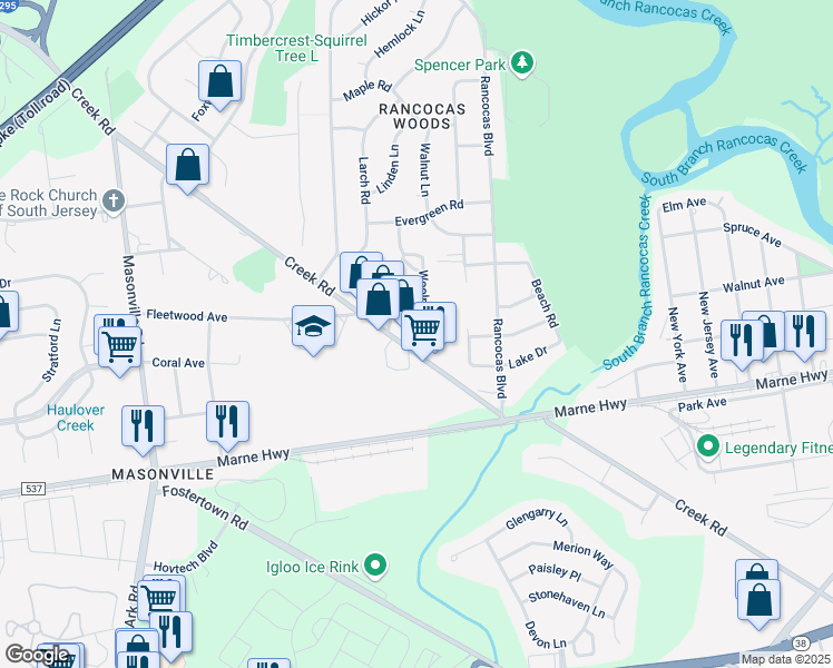 map of restaurants, bars, coffee shops, grocery stores, and more near 116a Creek Road in Mount Laurel Township