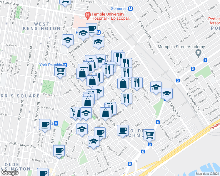 map of restaurants, bars, coffee shops, grocery stores, and more near 2138 East Cumberland Street in Philadelphia