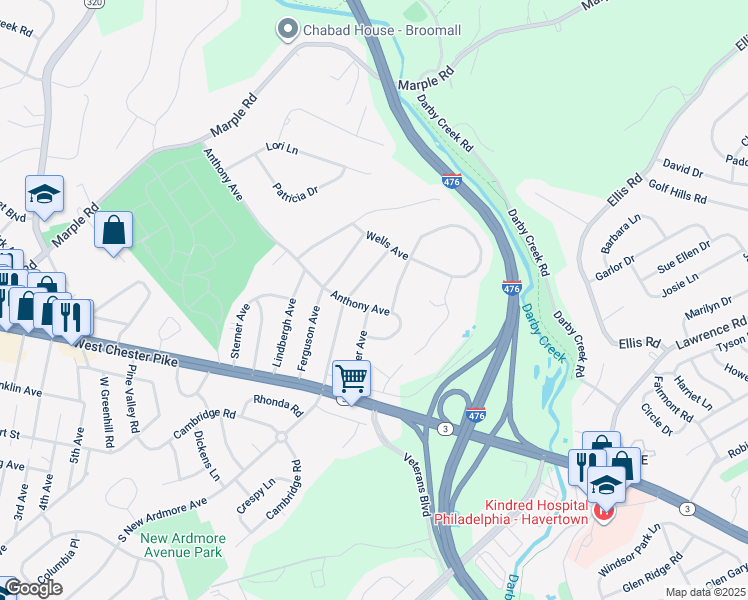 map of restaurants, bars, coffee shops, grocery stores, and more near 2183 Anthony Avenue in Broomall