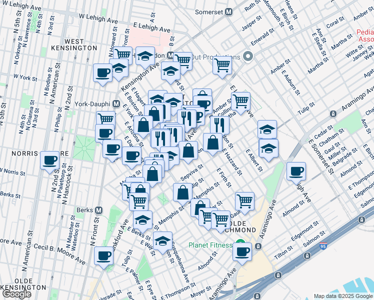 map of restaurants, bars, coffee shops, grocery stores, and more near 2133 East Letterly Street in Philadelphia