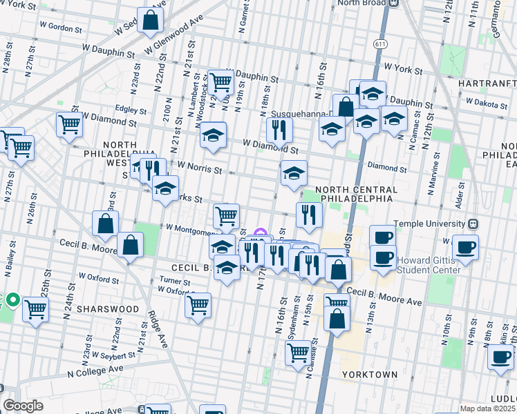 map of restaurants, bars, coffee shops, grocery stores, and more near 1731 West Berks Street in Philadelphia