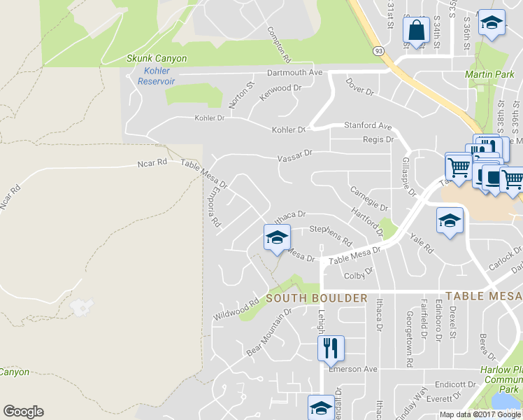 map of restaurants, bars, coffee shops, grocery stores, and more near 2290 Hillsdale Circle in Boulder