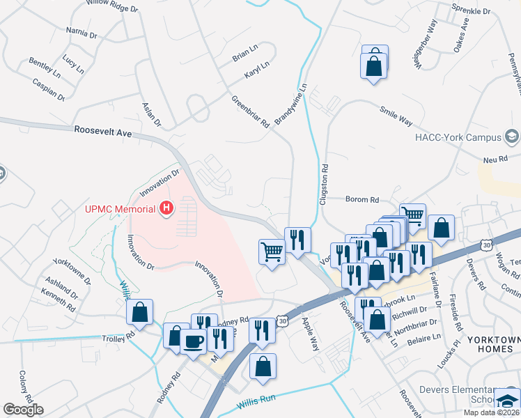 map of restaurants, bars, coffee shops, grocery stores, and more near 1572 Scotch Drive in York