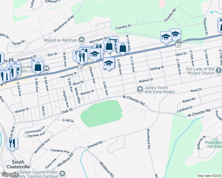 map of restaurants, bars, coffee shops, grocery stores, and more near 810 Walnut Street in Coatesville