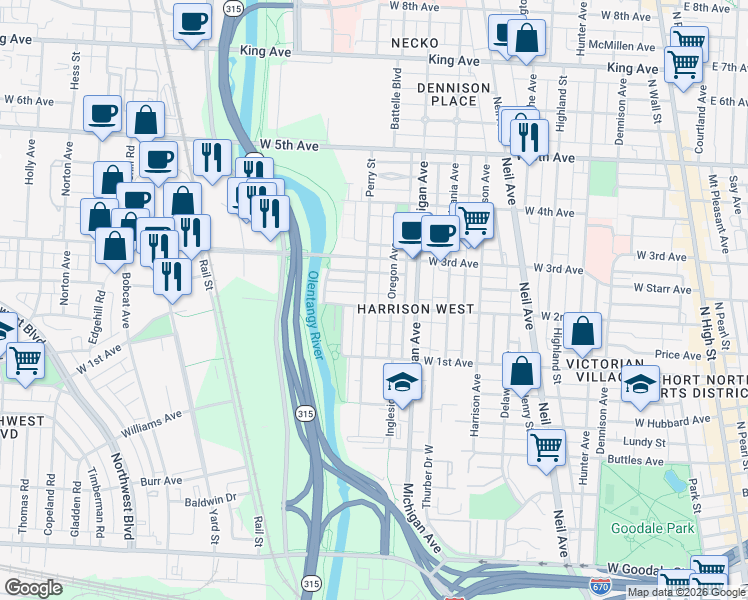 map of restaurants, bars, coffee shops, grocery stores, and more near 520 West 2nd Avenue in Columbus