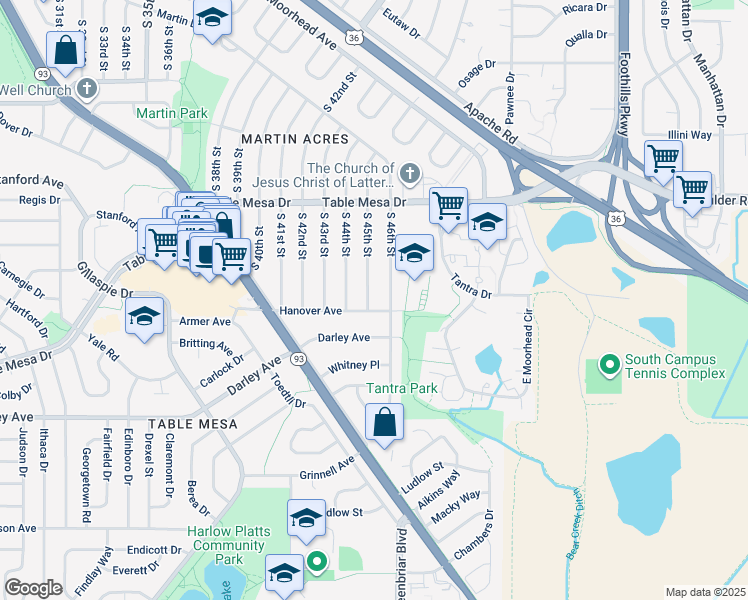 map of restaurants, bars, coffee shops, grocery stores, and more near 755 South 45th Street in Boulder