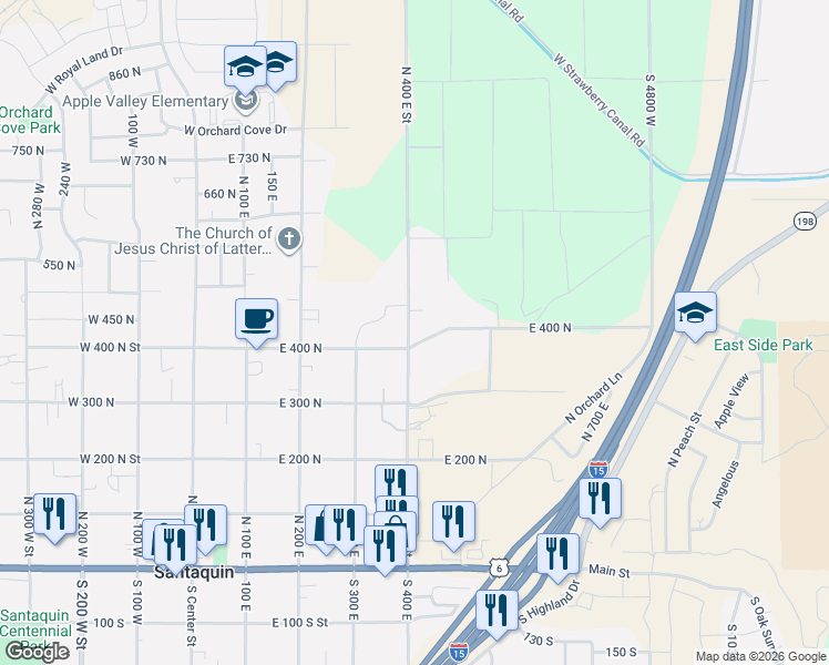 map of restaurants, bars, coffee shops, grocery stores, and more near 415 East 400 North in Santaquin