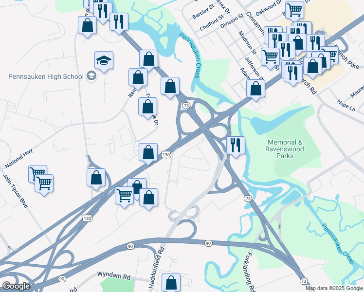 map of restaurants, bars, coffee shops, grocery stores, and more near 2118 Haddonfield Road in Pennsauken Township