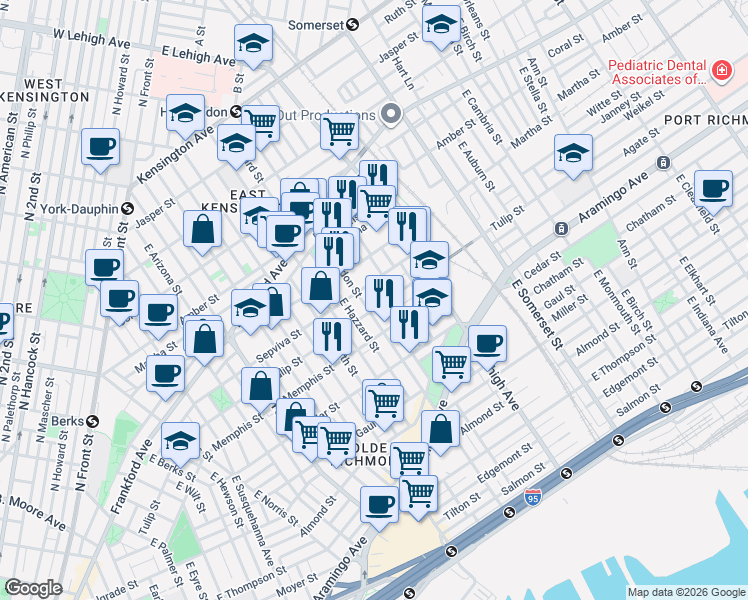 map of restaurants, bars, coffee shops, grocery stores, and more near 2223 East Huntingdon Street in Philadelphia