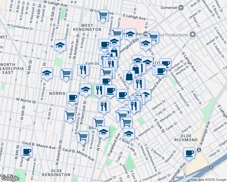map of restaurants, bars, coffee shops, grocery stores, and more near in Philadelphia