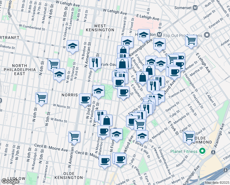 map of restaurants, bars, coffee shops, grocery stores, and more near 2121 North Howard Street in Philadelphia