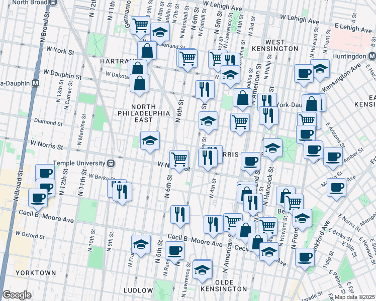 map of restaurants, bars, coffee shops, grocery stores, and more near 2048 North 5th Street in Philadelphia