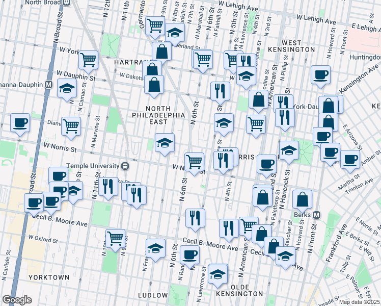map of restaurants, bars, coffee shops, grocery stores, and more near 2036 Germantown Avenue in Philadelphia