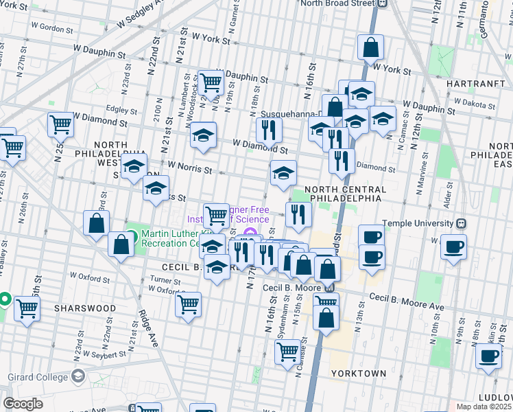 map of restaurants, bars, coffee shops, grocery stores, and more near in Philadelphia