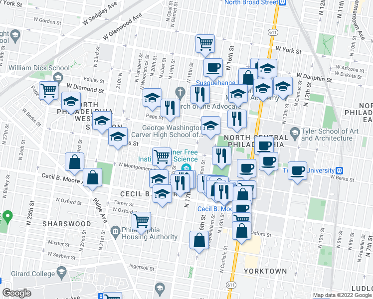 map of restaurants, bars, coffee shops, grocery stores, and more near 1849 North 18th Street in Philadelphia