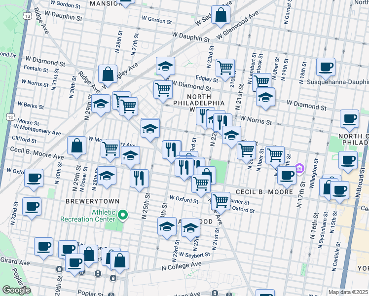 map of restaurants, bars, coffee shops, grocery stores, and more near 1816 North Judson Street in Philadelphia