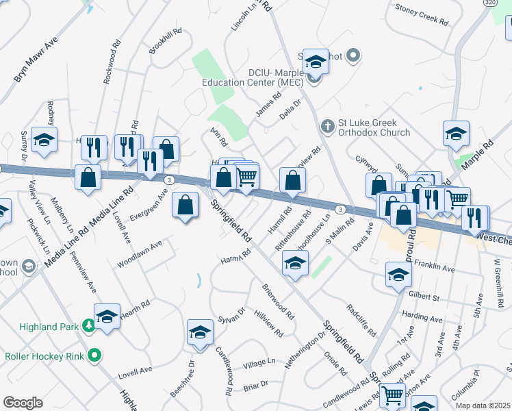 map of restaurants, bars, coffee shops, grocery stores, and more near 2 Hawthorne Road in Broomall