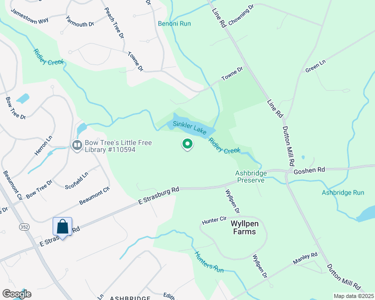 map of restaurants, bars, coffee shops, grocery stores, and more near 1671 East Strasburg Road in West Chester