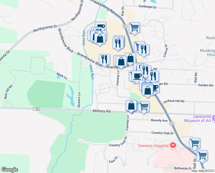 map of restaurants, bars, coffee shops, grocery stores, and more near 1523 Venus Place in Zanesville