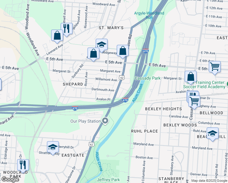 map of restaurants, bars, coffee shops, grocery stores, and more near in Columbus