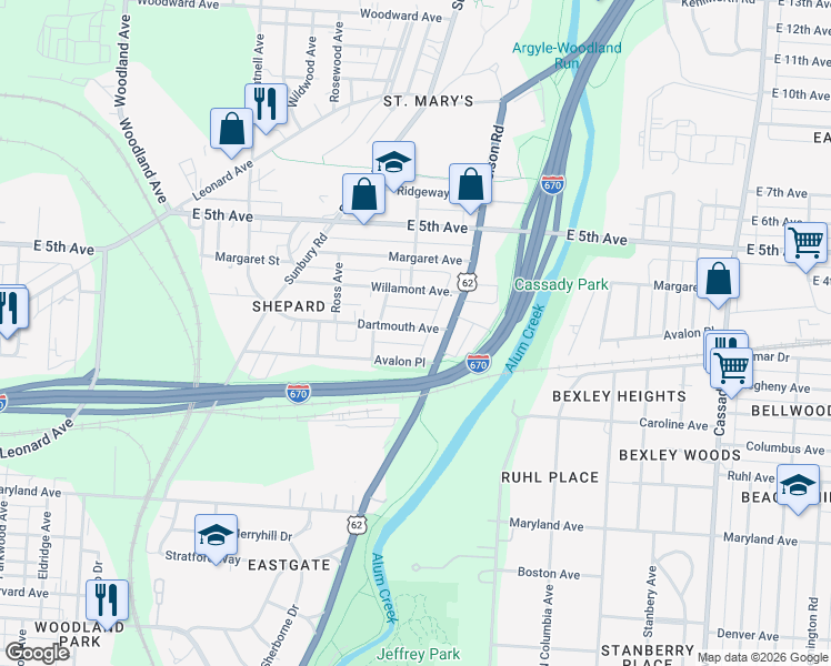 map of restaurants, bars, coffee shops, grocery stores, and more near 2241 Dartmouth Avenue in Columbus