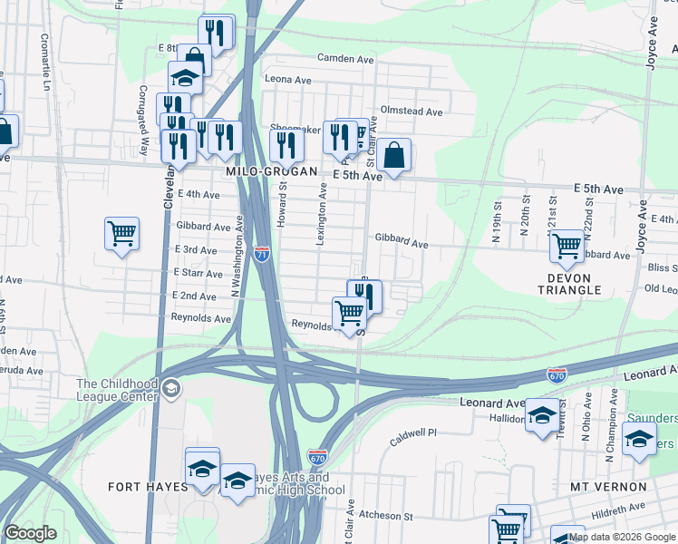 map of restaurants, bars, coffee shops, grocery stores, and more near 844 East Starr Avenue in Columbus