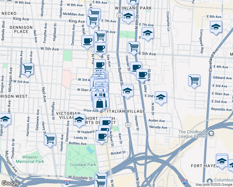 map of restaurants, bars, coffee shops, grocery stores, and more near 99 East 2nd Avenue in Columbus