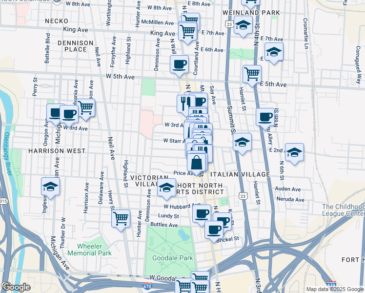 map of restaurants, bars, coffee shops, grocery stores, and more near 987 North High Street in Columbus