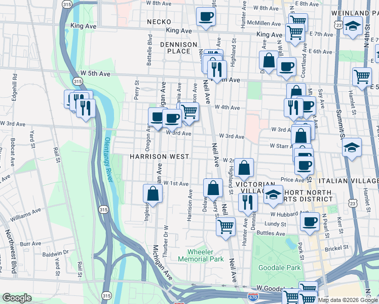 map of restaurants, bars, coffee shops, grocery stores, and more near 1047 Harrison Avenue in Columbus