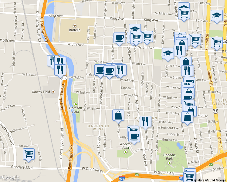 map of restaurants, bars, coffee shops, grocery stores, and more near 1047 Harrison Avenue in Columbus
