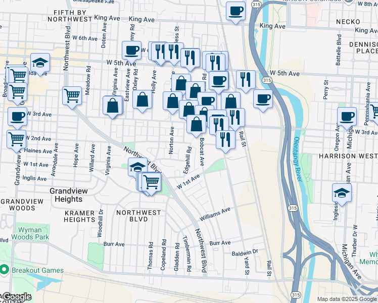 map of restaurants, bars, coffee shops, grocery stores, and more near 1155 Edgehill Road in Columbus