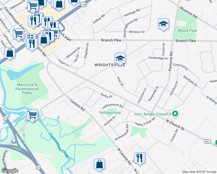 map of restaurants, bars, coffee shops, grocery stores, and more near 2412 Church Road in Cinnaminson