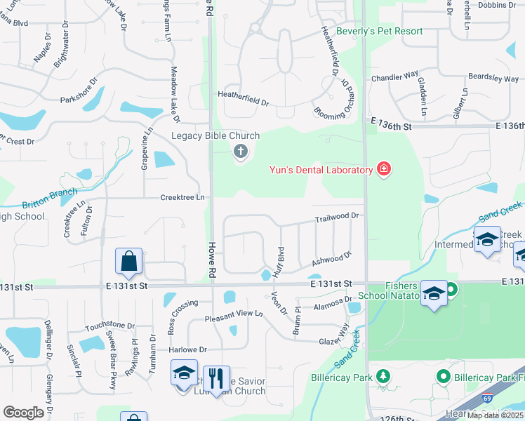 map of restaurants, bars, coffee shops, grocery stores, and more near 10726 Trailwood Drive in Fishers