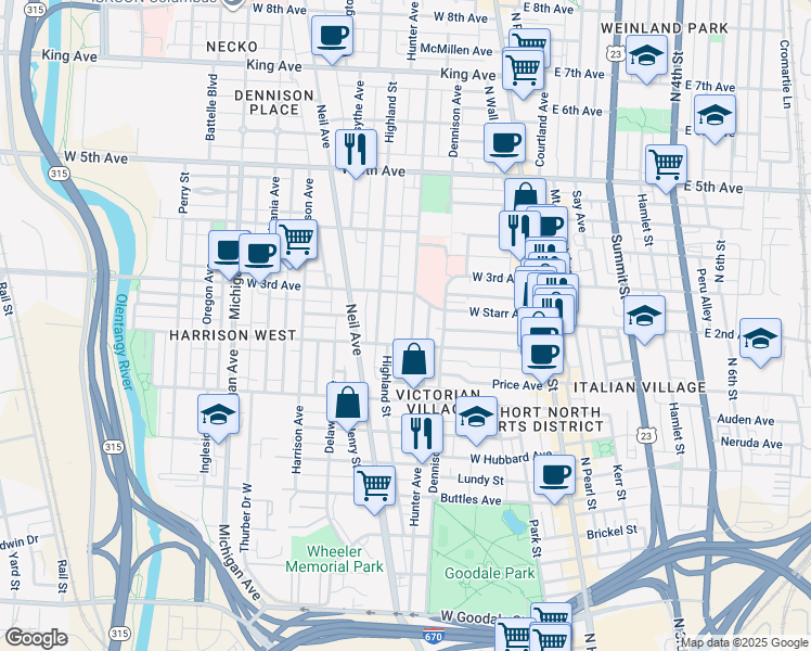 map of restaurants, bars, coffee shops, grocery stores, and more near 1021 Hunter Avenue in Columbus