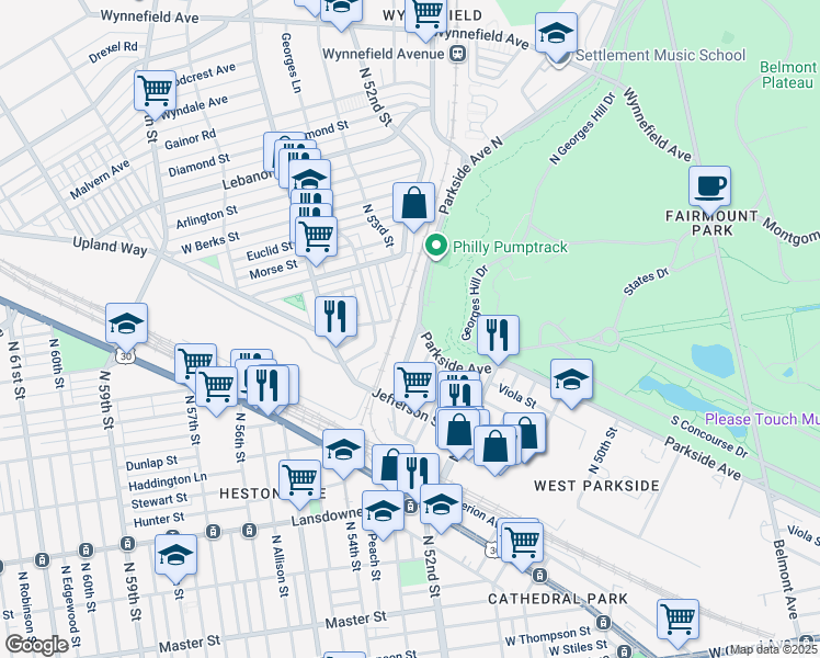 map of restaurants, bars, coffee shops, grocery stores, and more near 5300 Parkside Avenue in Philadelphia