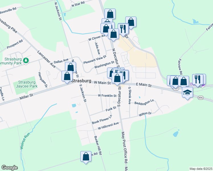map of restaurants, bars, coffee shops, grocery stores, and more near 40 West Main Street in Strasburg